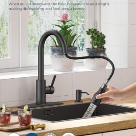 FORIOUS Black Kitchen Faucet with Soap Dispenser – Commercial Style Pull Down Sprayer, 3-Mode High Arc Stainless Steel Sink Faucet for Farmhouse, RV, and Bar Sinks