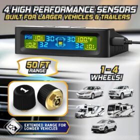 Marcala TPMS for RV & Truck – Solar Tire Pressure Monitoring System (0-98 PSI) – 4 Sensors, 50ft Range, 6 Alarm Modes