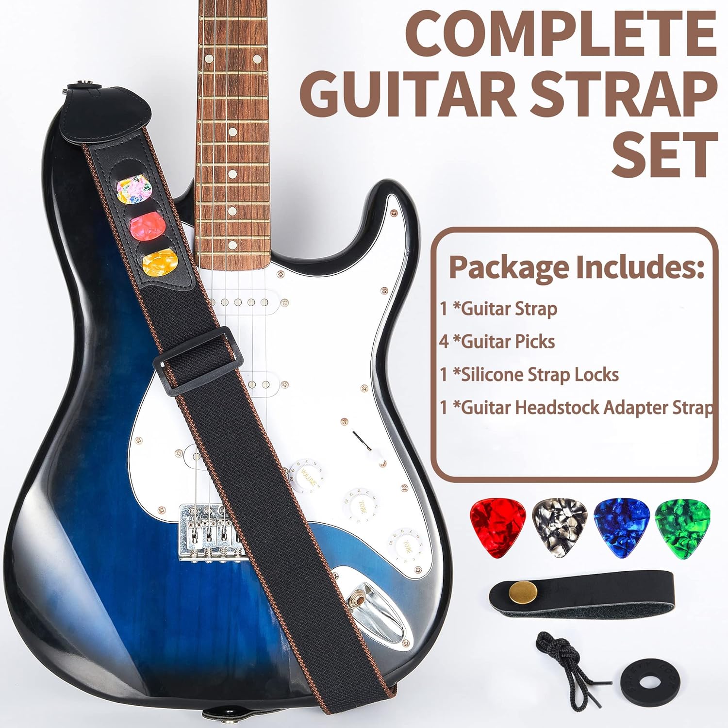 WOGOD Premium Adjustable Guitar Strap with Pick Holder – Universal Cotton Leather Strap for Acoustic, Electric & Bass Guitars