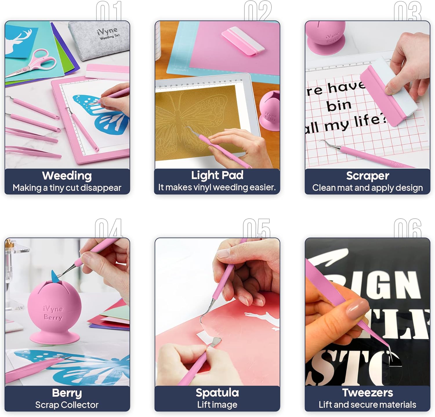 iVyne All-in-One Vinyl Weeding Kit: Rechargeable A4 Light Pad, Essential Craft Tools, and Patented Scrap Collector for Cricut, Silhouette & DIY Projects - Pink