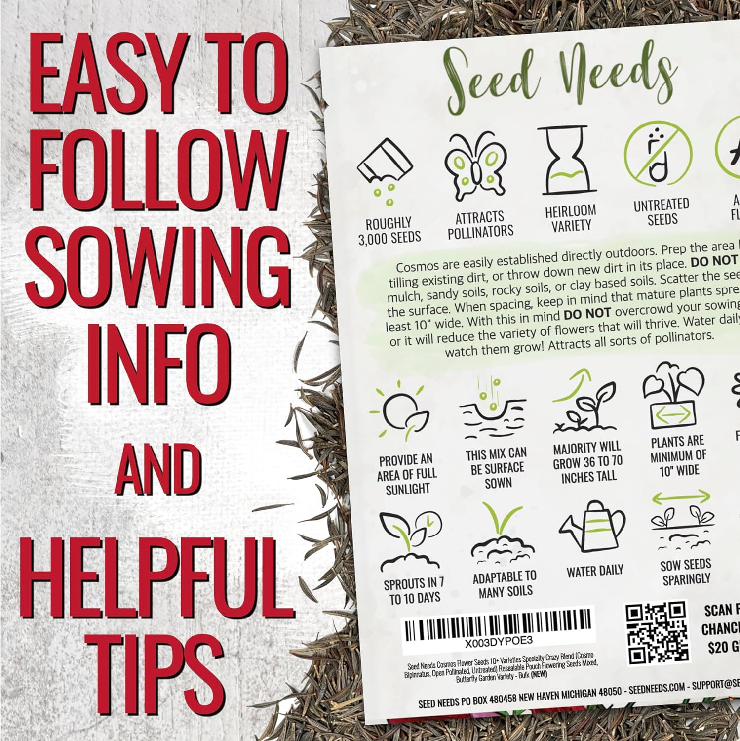 Cosmos Crazy Blend Flower Seeds – 10+ Varieties, Non-GMO & Open Pollinated – Bulk Resealable Packet for Butterfly Gardens, Cut Flowers & Xeriscaping