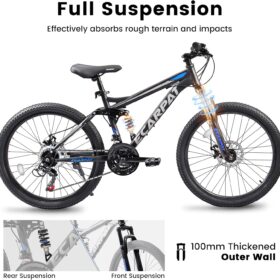 High-Performance Mountain Bike with Full Suspension – 21-Speed Shimano-Style Shifter, Carbon Steel Frame, and Mechanical Disc Brakes for Trail & Off-Road Adventures