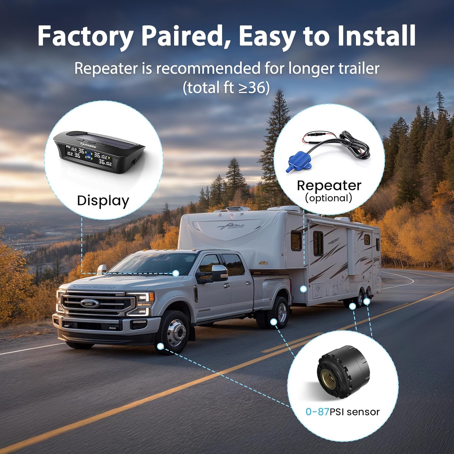 Tymate TM3 Solar TPMS for RV & Trucks – Color LCD Display with 4 Sensors
