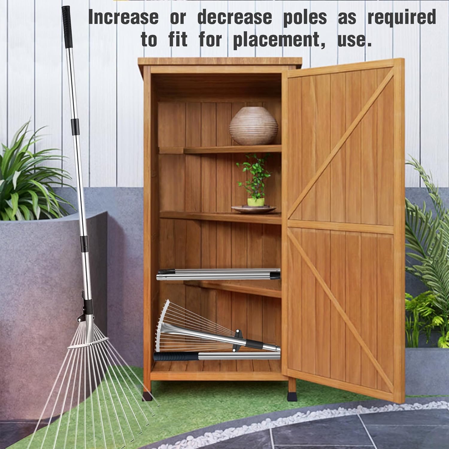 AimGrowth Adjustable Garden Leaf Rake with Leaf Collector & 15-Tine Expandable Head – Heavy Duty Collapsible Metal Yard Rake for Lawns, Shrubs, and Flower Beds