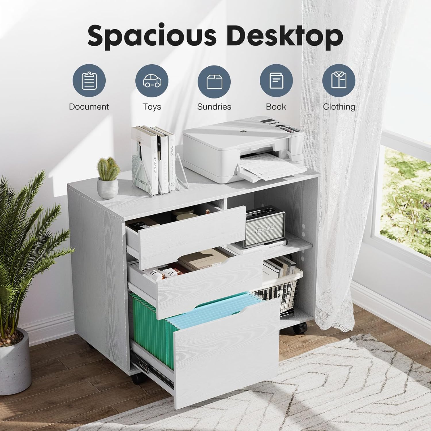 DUMOS Mobile Lateral File Cabinet with 3 Drawers – Rolling Wood Storage Organizer with Wheels, Adjustable Shelf, and Printer Stand – Versatile Office & Home Filing Solution (White)