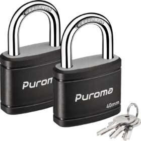 Puroma 2 Pack Keyed Alike Heavy Duty Padlocks - 40mm Black Weatherproof Locker Locks for Gym, School, Gate & Toolbox (4 Keys Included)
