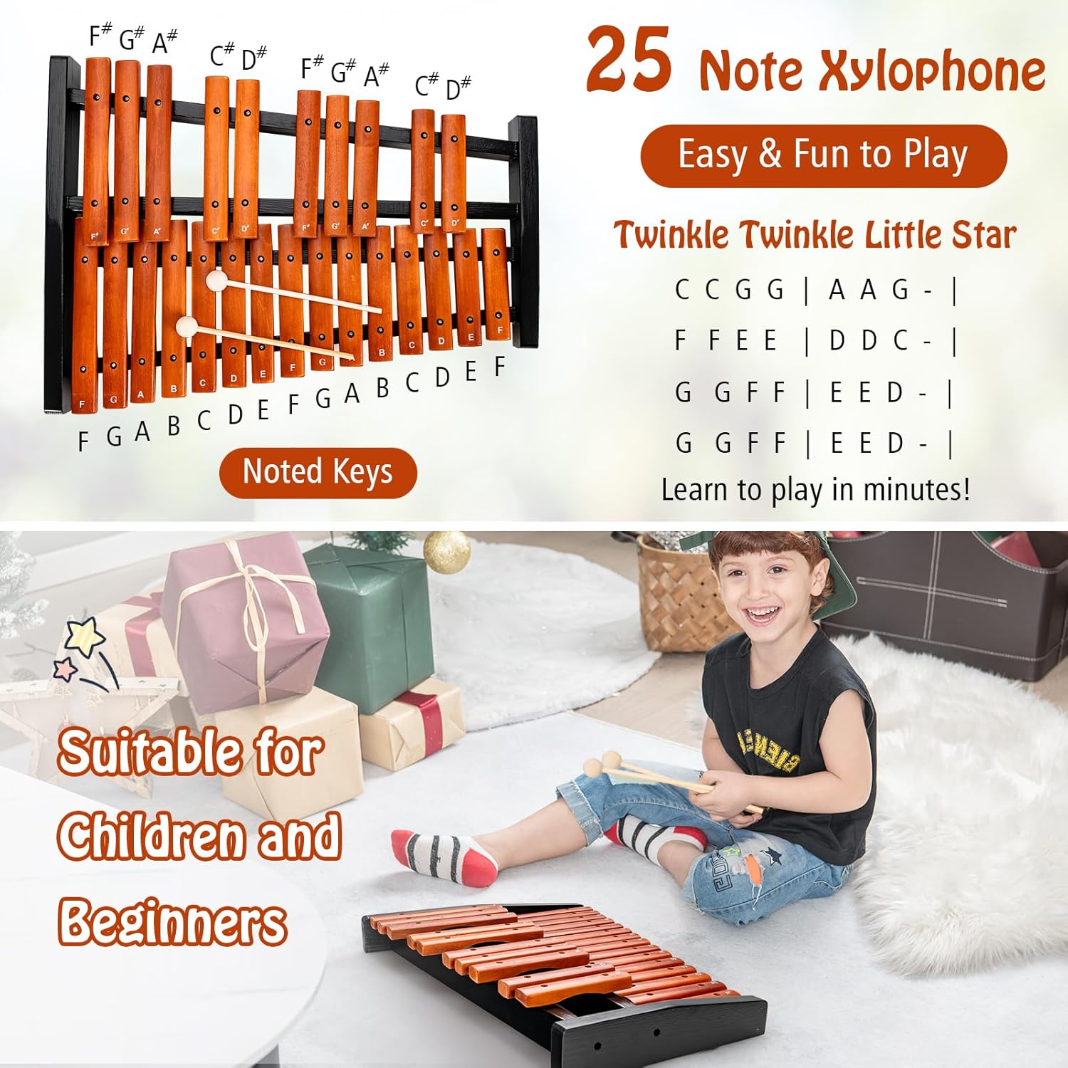 Costzon 25-Note Wood Xylophone - Portable Percussion Instrument with Mallets, Carrying Bag & Musical Chart for Beginners, Students & Band Practice