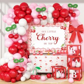 Cherry Baby Shower Decorations for Girls - 142pc 'Our Little Cherry On Top' Party Supplies with Balloon Arch, Backdrop & Decor Boxes