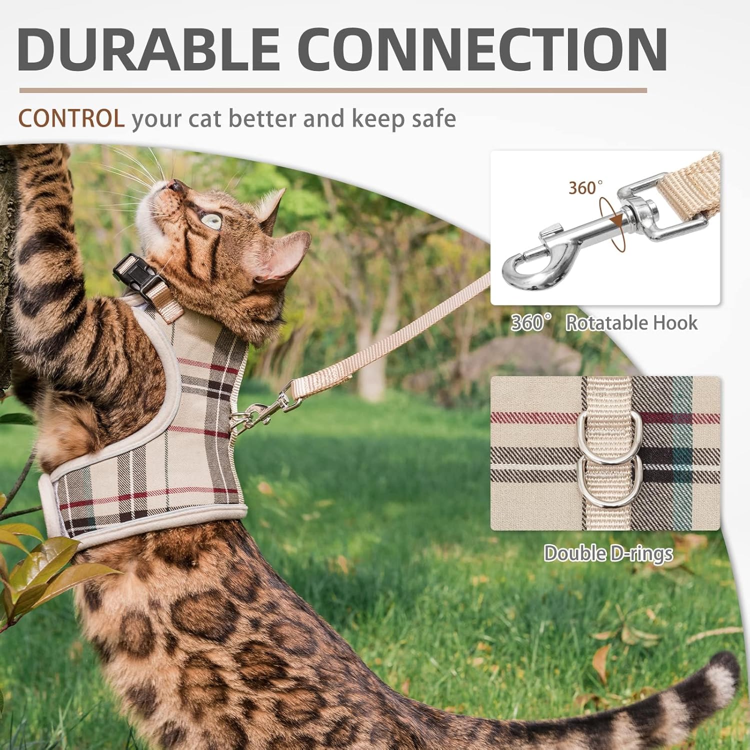 PUPTECK Escape Proof Cat Harness and Leash Set - Soft Mesh Vest for Cats, Small Dogs & Puppies - Plaid Beige, Large