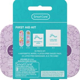 Squishmallows 33-Piece Kids First Aid Kit – Portable Travel Tin with Adhesive Bandages, Antiseptic Wipes & Gauze – Cute Latex-Free Emergency Supplies for Scrapes & Cuts