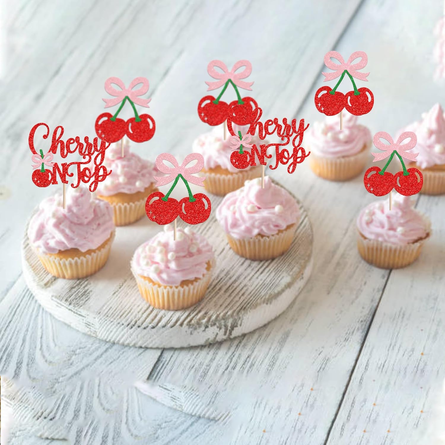 She's the Cherry On Top Cupcake Toppers – 24 PCS Glitter Fruit Picks for Baby Shower, Bridal Party & Birthday Cake Decorations