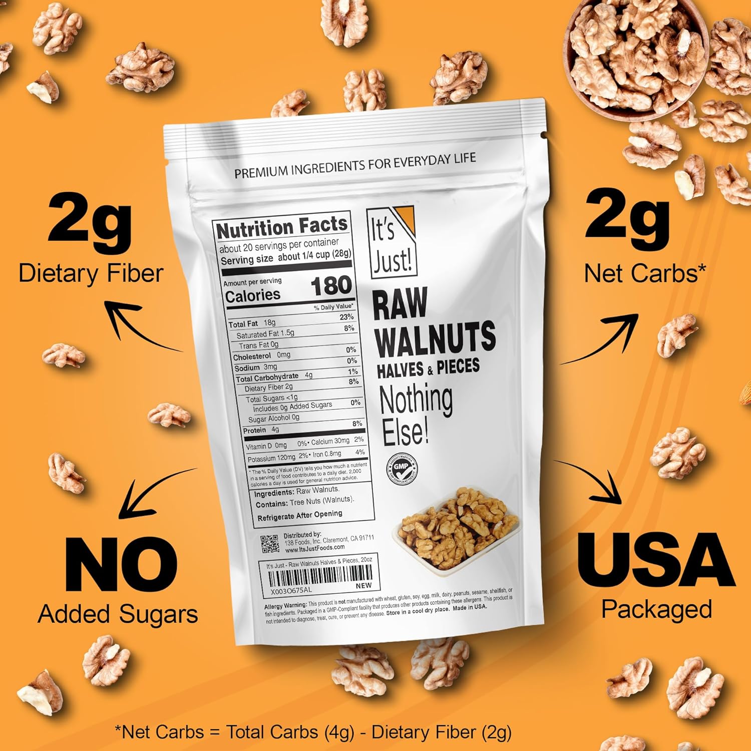 It's Just - Premium Raw California Walnuts, 20oz (1.25lb) Bag | Non-GMO, Gluten-Free, Unsalted Nut Halves & Pieces for Baking, Snacking & Keto Diets