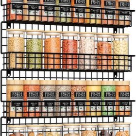 4-Tier Stackable Wall Mounted Spice Rack Organizer – Heavy Duty Iron Wire Storage Shelf for Kitchen, Pantry & Bathroom Storage (Black)