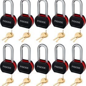 FIGODE Heavy Duty Long Shackle Padlocks - 12 Pack Keyed Alike, 2-3/4in Wide Steel Weatherproof Security Locks for Gates, Storage, Sheds & Fences (24 Keys Included)