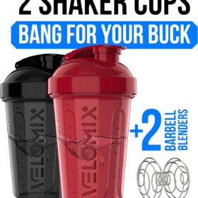 VELOMIX 20oz Protein Shaker Bottles Twin Pack - Leak Proof Mixer Cups with Wire Whisk Ball for Gym Supplements & Pre-Workout Shakes (Black/Red)