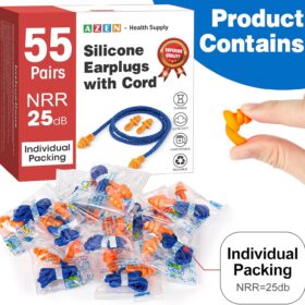 AZEN 55-Pair Premium Silicone Ear Plugs with Cords – Reusable, Washable & Individually Wrapped for Sleeping, Swimming, Concerts & Noise Reduction
