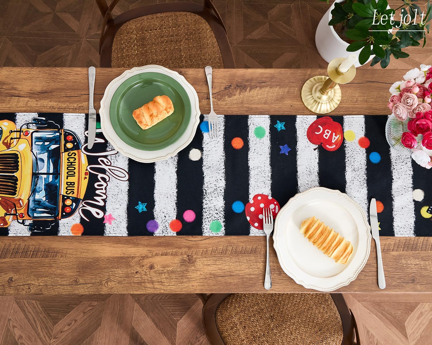 Letjolt Back to School Table Runner - 72 Inch School Bus Themed Party Decorations for Classroom, Graduation & Open House - Linen-Like Fabric