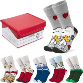 Peananuts Snoopy & Woodstock 6-Pair Women's Novelty Crew Socks – Soft, Breathable Gift Set for Fans (Fits Shoe Size 4-9)