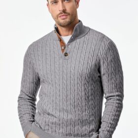 JMIERR Men's Stand Collar Cable Knit Sweater – Textured Button-Up Pullover for Casual & Winter Wear