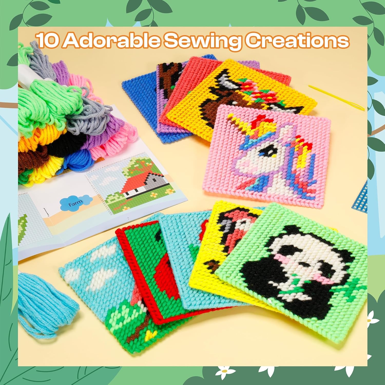 Pllieay 10-in-1 Cross Stitch Kit for Beginners & Kids – Complete DIY Plastic Needlepoint Set with 10 Patterns, Yarn & Safe Needles