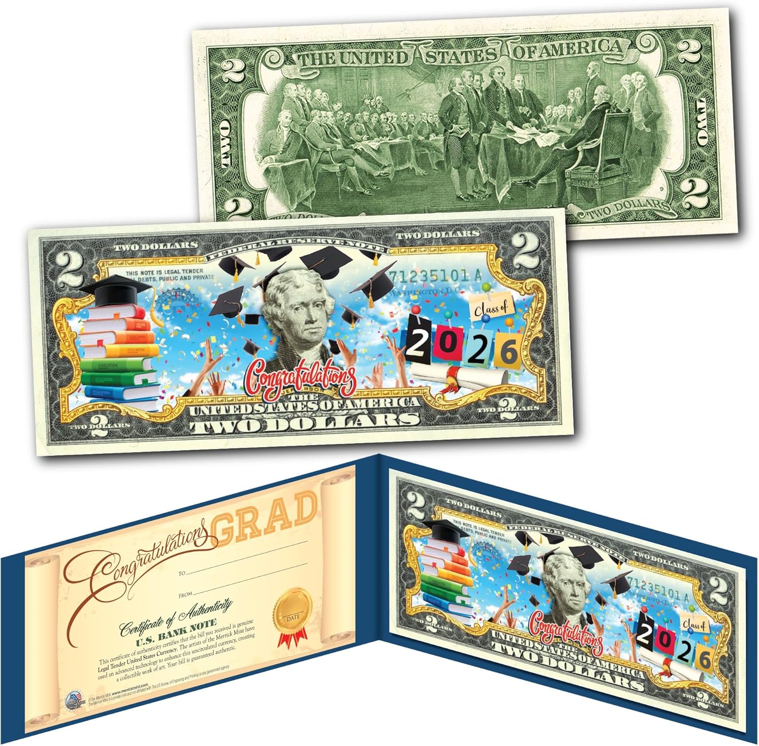 Class of 2026 Graduation Gift: Uncirculated $2 Bill with Special Edition Display Holder & Diploma Style Certificate