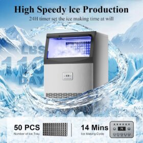 Commercial Ice Maker Machine – 110 lbs/24H Stainless Steel, Under-Counter & Freestanding Ice Maker with 33 lbs Storage, Self-Cleaning & Water Filter for Home, Bar, and Restaurant