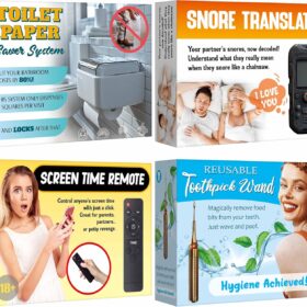 Prank Gift Boxes (4-Pack) - Hilarious Fake Empty Gag Packaging for Practical Jokes, Birthdays & Holidays - Toothpick Wand, Toilet Paper & More