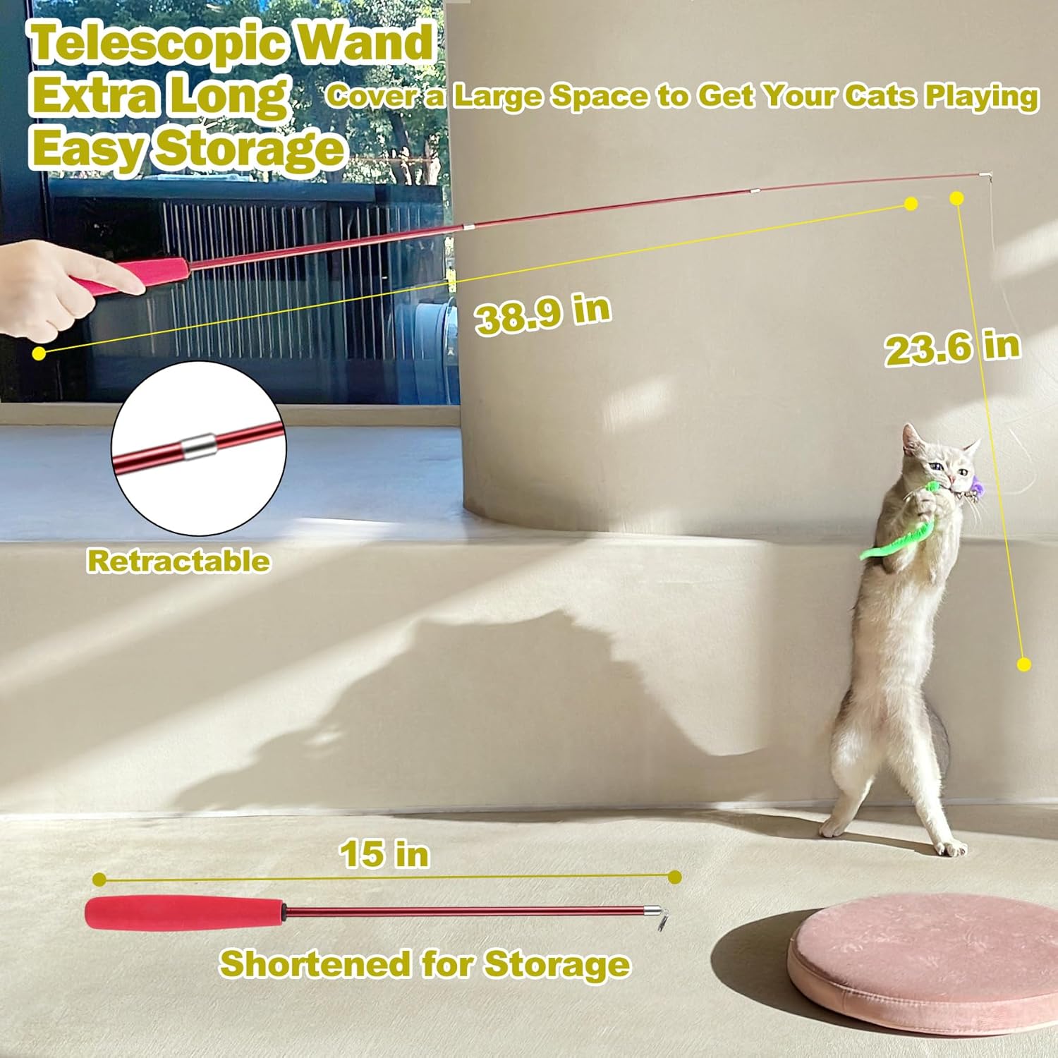 Cat Wand Toy Set for Indoor Cats - Retractable Interactive Teaser with 9 Feather Refills, Ideal for Kittens & Adult Cats