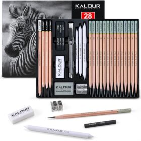 KALOUR 28 Pro Sketching Drawing Pencils Set – Complete Artist Kit with 14 Graphite Pencils (14B–5H), Charcoal, Erasers, Sharpeners & Blending Stumps – Ideal for Beginners & Professionals