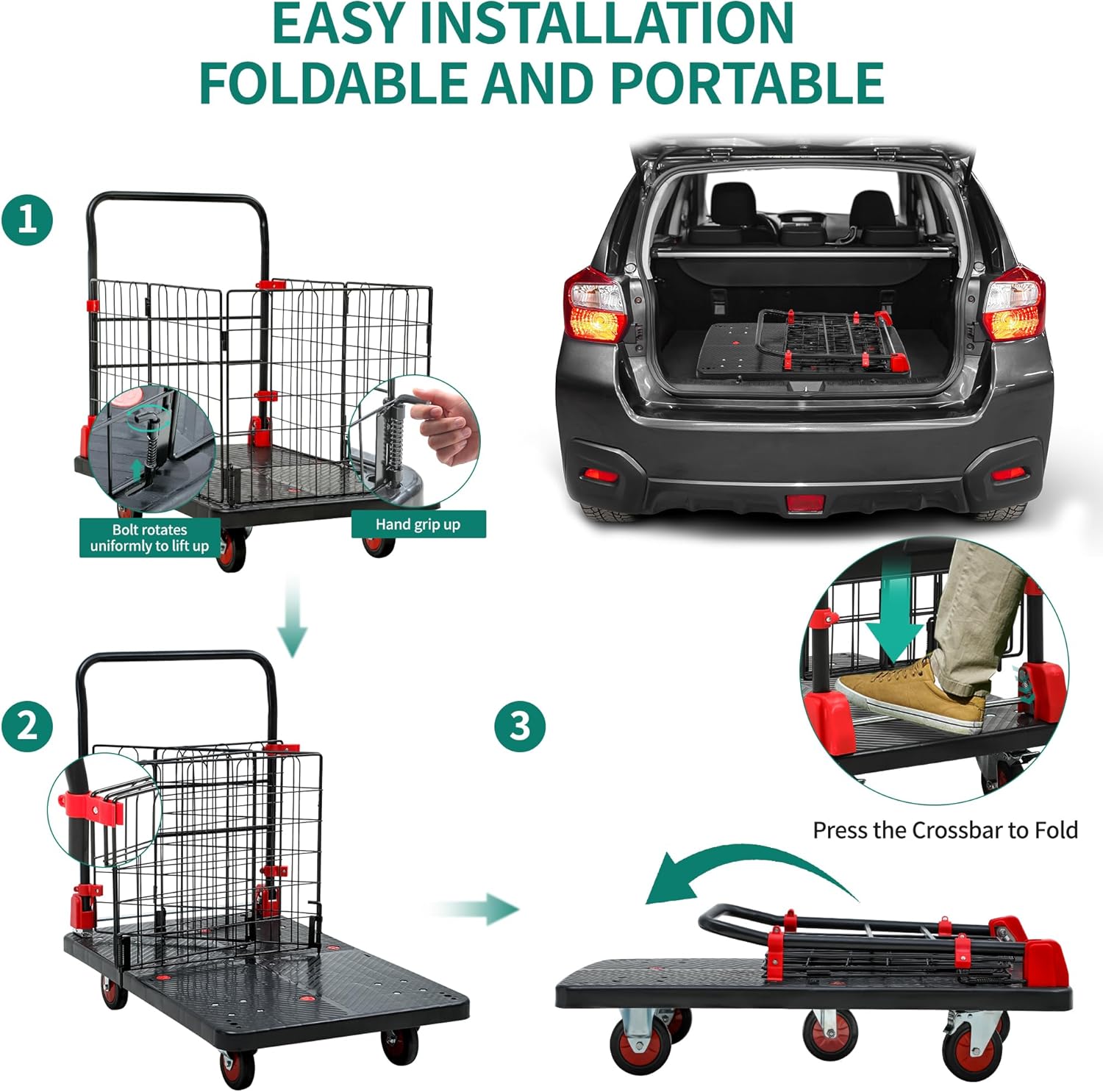 YITAHOME Heavy-Duty Folding Platform Truck – 1000 lbs Capacity Collapsible Utility Cart with Wheels, Weather-Resistant Push Dolly with Cage for Warehouse, Garage, and Office