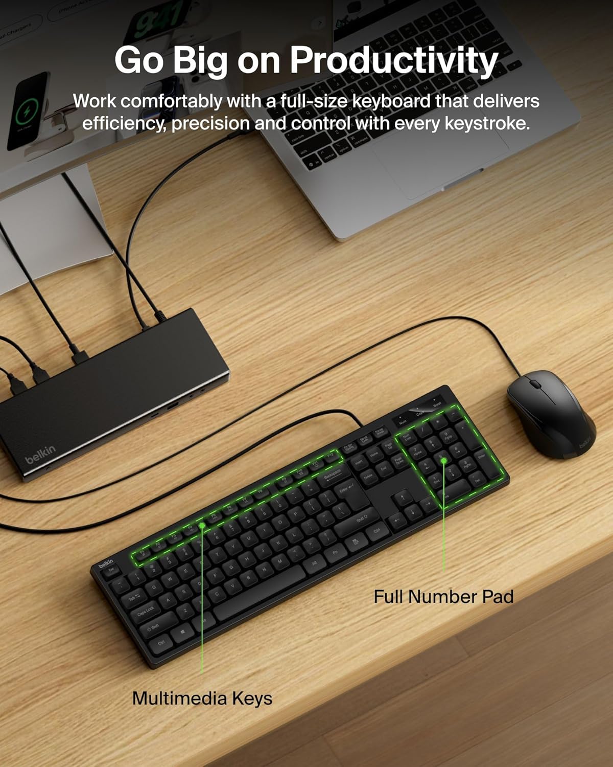 Belkin Connect Wired Keyboard and Mouse Combo – Full-Size USB-A Set with Spill-Resistant Design, Ergonomic Mouse, and Multimedia Keys for Windows PC/Laptop – Black
