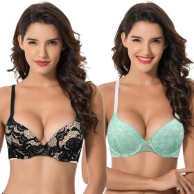 Curve Muse Women's Plus Size Lift & Lace Push Up Bra - 1 Cup Size Add-On, Underwire Support