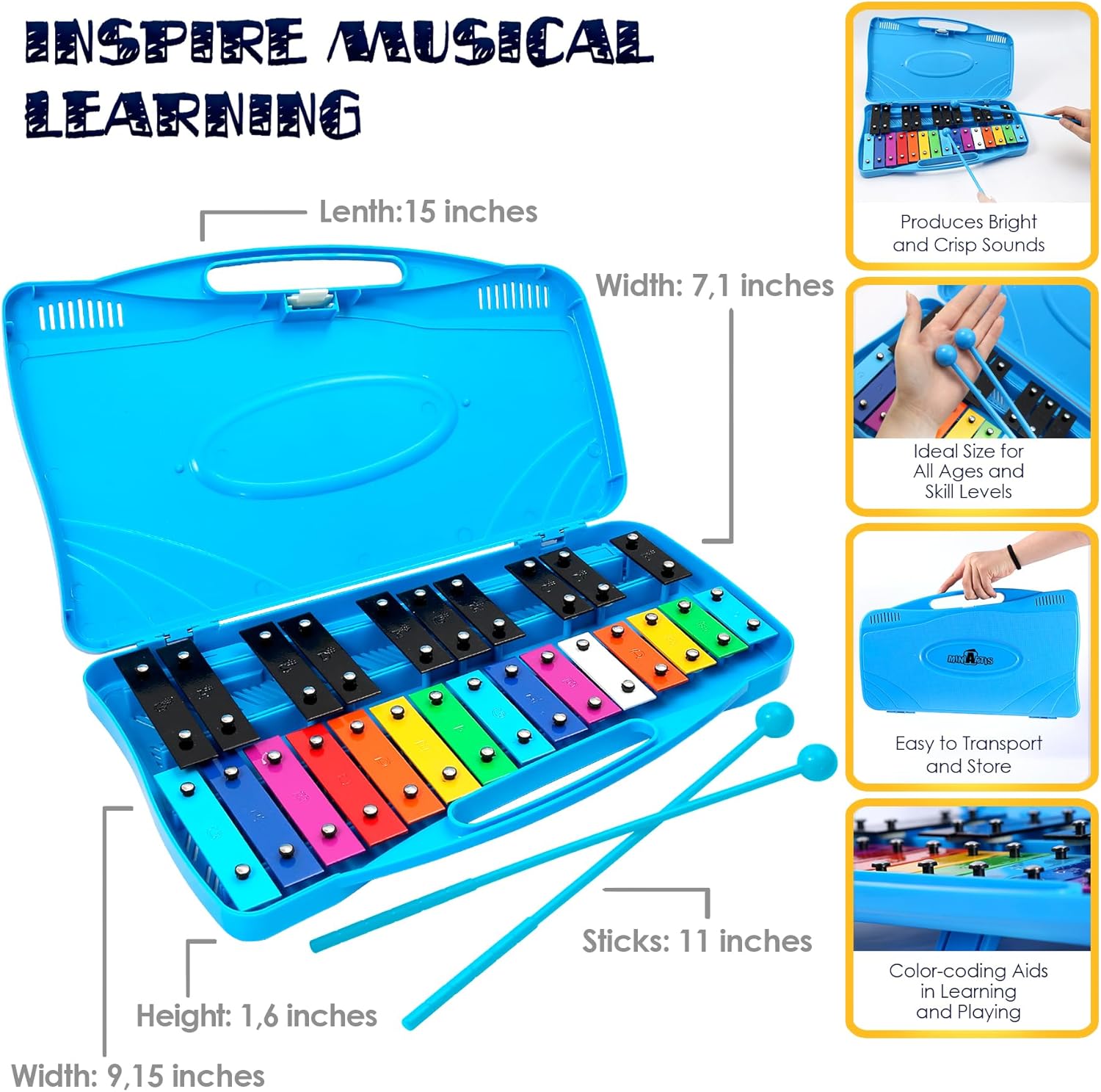 MINIARTIS 25-Note Glockenspiel Xylophone – Color-Coded Musical Instrument for Kids with Songbook, Mallets & Case