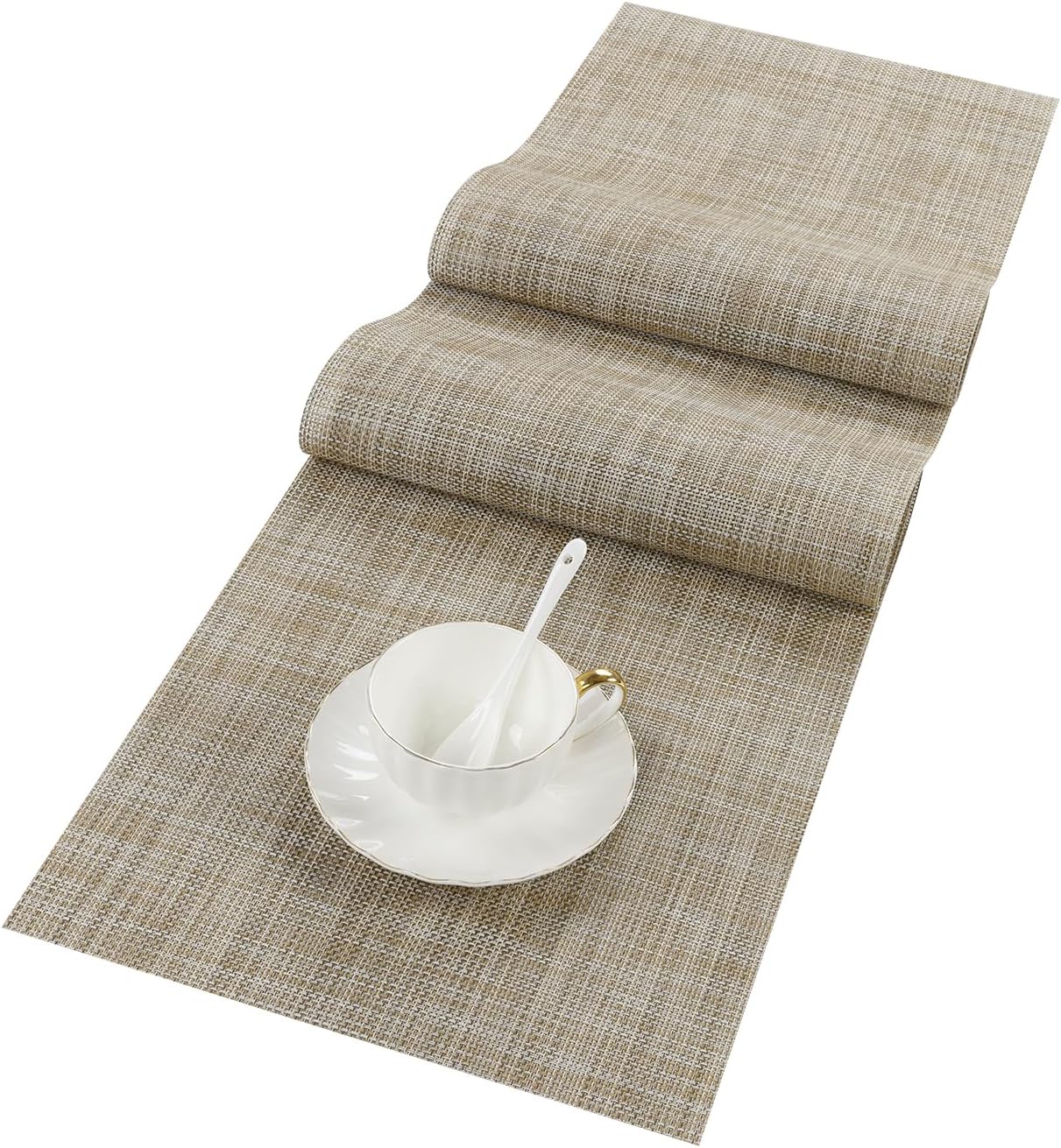 SHACOS Woven Vinyl Table Runner - 12 x 54 Inch Waterproof, Heat Resistant & Cuttable Indoor Outdoor Table Decor (Beige)