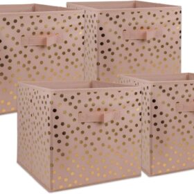 DII Polka Dot Fabric Storage Bins - Pink & Gold (Set of 4) - Small Collapsible Organizer Baskets for Nursery, Closet, and Cube Shelves