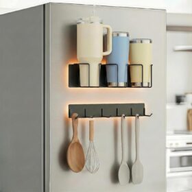 Magnetic Cup Holder for Fridge & Garage – 2-Pack Heavy-Duty Drink Holder with Utility Hook Rack – Compatible with Stanley 40oz & Yeti Tumblers – 18LB Strong Magnet for Kitchen & Tool Storage Organization