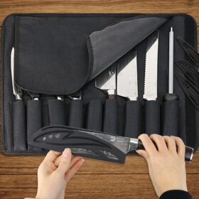 Dfito Professional 9-Piece Chef Knife Set with Roll Bag – High Carbon Stainless Steel Kitchen Cutlery with Red Pakkawood Handles & Protective Case – Ideal Gift for Home & Professional Chefs