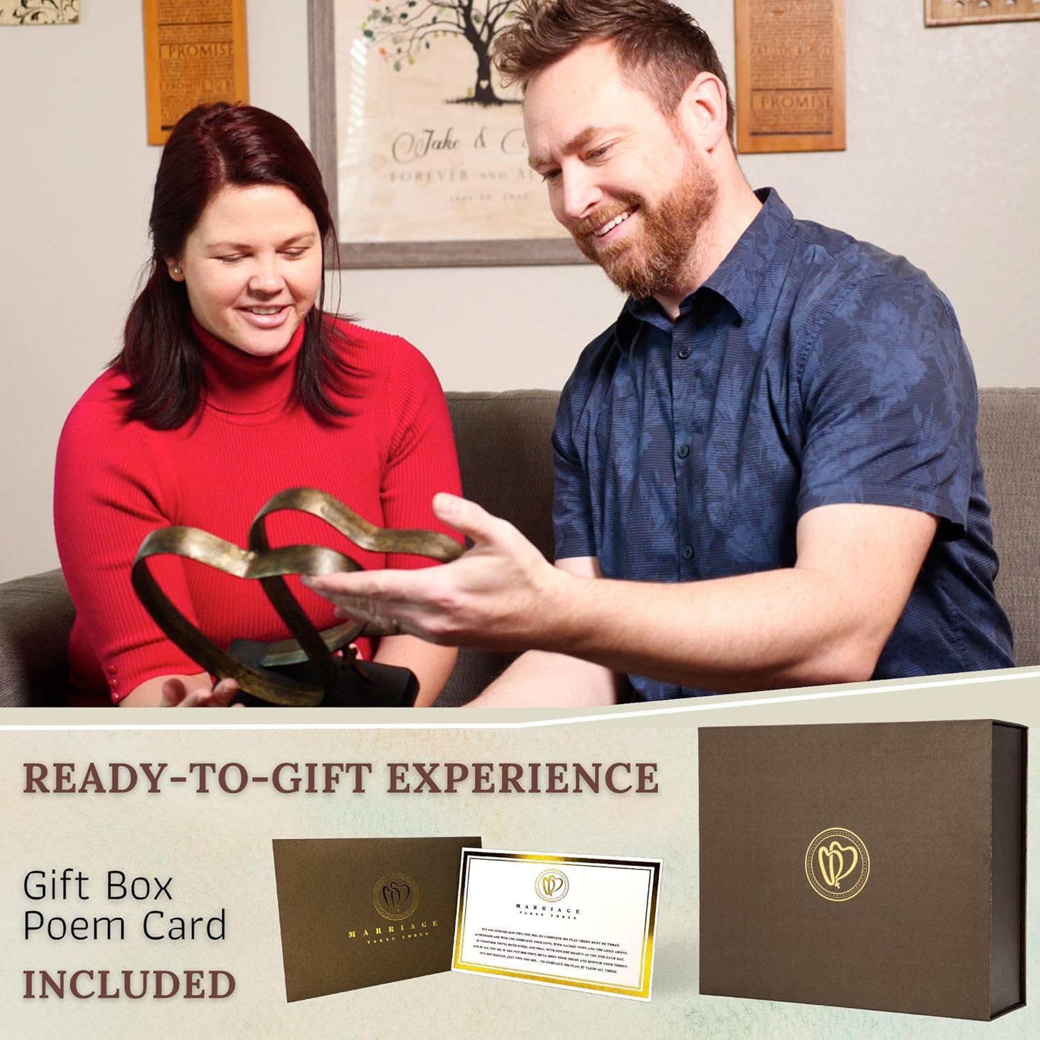 Two Hearts & Cross Iron Sculpture – Handcrafted Wedding Anniversary Gift for Couples with Keepsake Box & Poem Card
