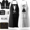 Mr. & Mrs. Apron Set for Couples - 8-Piece Matching Kitchen Gift Box with Oven Mitts & Ring Dish - Perfect Wedding, Engagement, Anniversary, or Housewarming Present