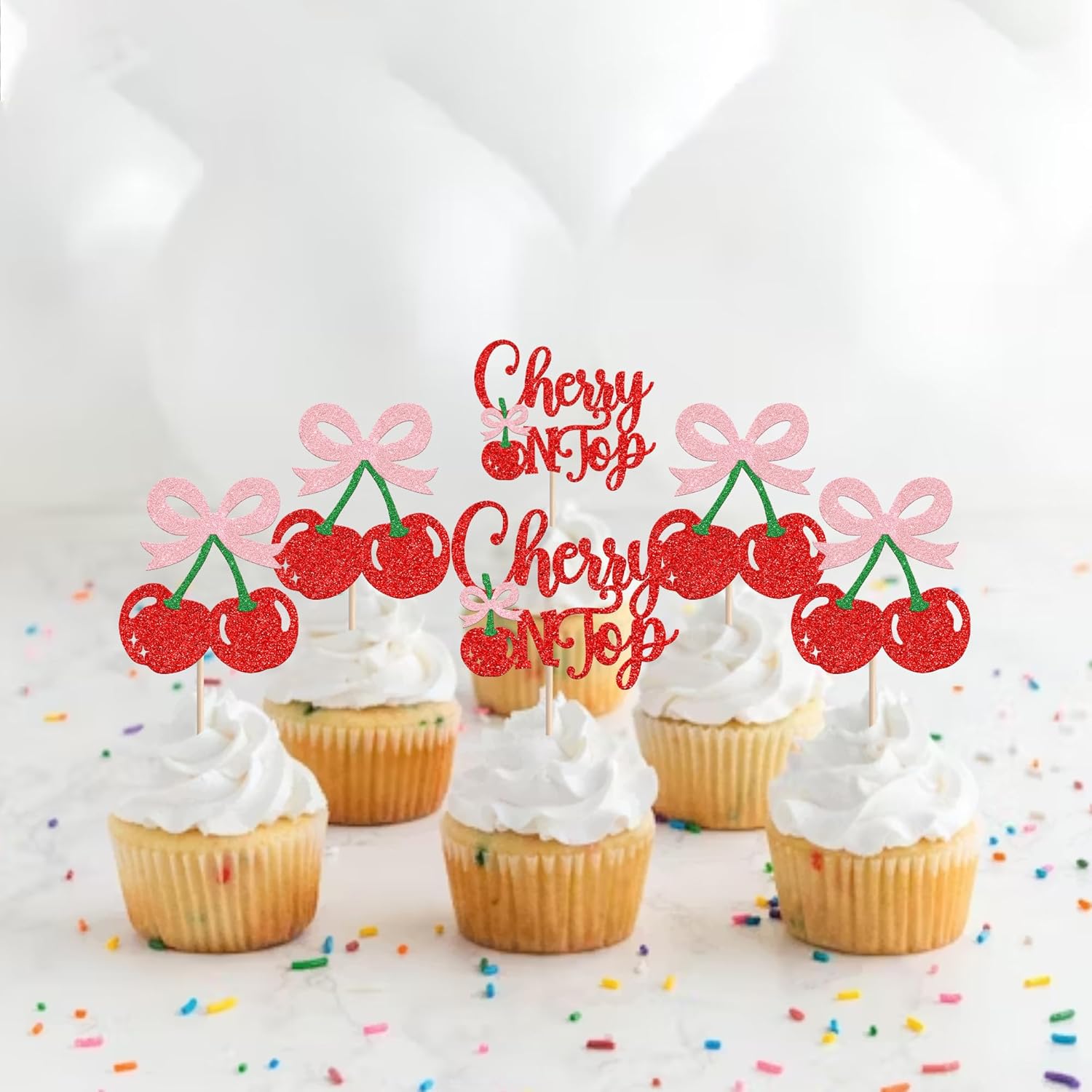 She's the Cherry On Top Cupcake Toppers – 24 PCS Glitter Fruit Picks for Baby Shower, Bridal Party & Birthday Cake Decorations