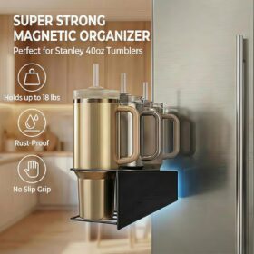 Magnetic Cup Holder for Fridge & Garage – 2-Pack Heavy-Duty Drink Holder with Utility Hook Rack – Compatible with Stanley 40oz & Yeti Tumblers – 18LB Strong Magnet for Kitchen & Tool Storage Organization