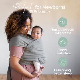 Boba Baby Wrap Carrier – Original Ergonomic Sling for Newborns, Hip-Healthy, Soft 4-Way Stretch Cotton, Hands-Free Bonding (Grey, 7–35 lbs)