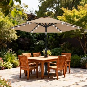 ABCCANOPY 7.5 ft Solar LED Patio Umbrella with Crank Lift & Tilt - 24 LED Lights, 6 Sturdy Ribs, UV50+ Fade Resistant Canopy (Tan)
