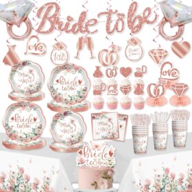Rose Gold Bridal Shower Decorations - 191 Pct All-in-One Bachelorette Party Supplies & Tableware Set for 25 Guests