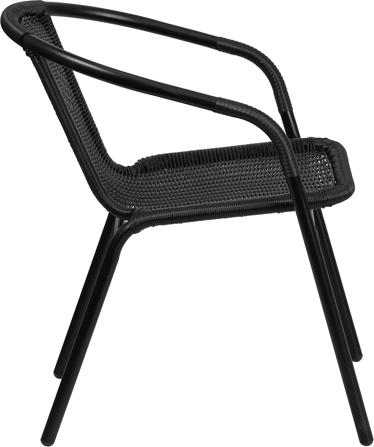Set of 2 Commercial Stackable Rattan Chairs with Arms – Indoor & Outdoor Black Wicker Restaurant Patio Dining Seating