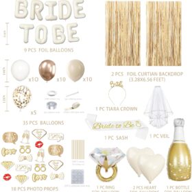 Champagne Gold Bridal Shower Decorations - 100+ Pcs Bride to Be Party Supplies Kit with Veil, Tiara, Sash, Foil Balloons & Photo Props for Engagement, Bachelorette & Wedding