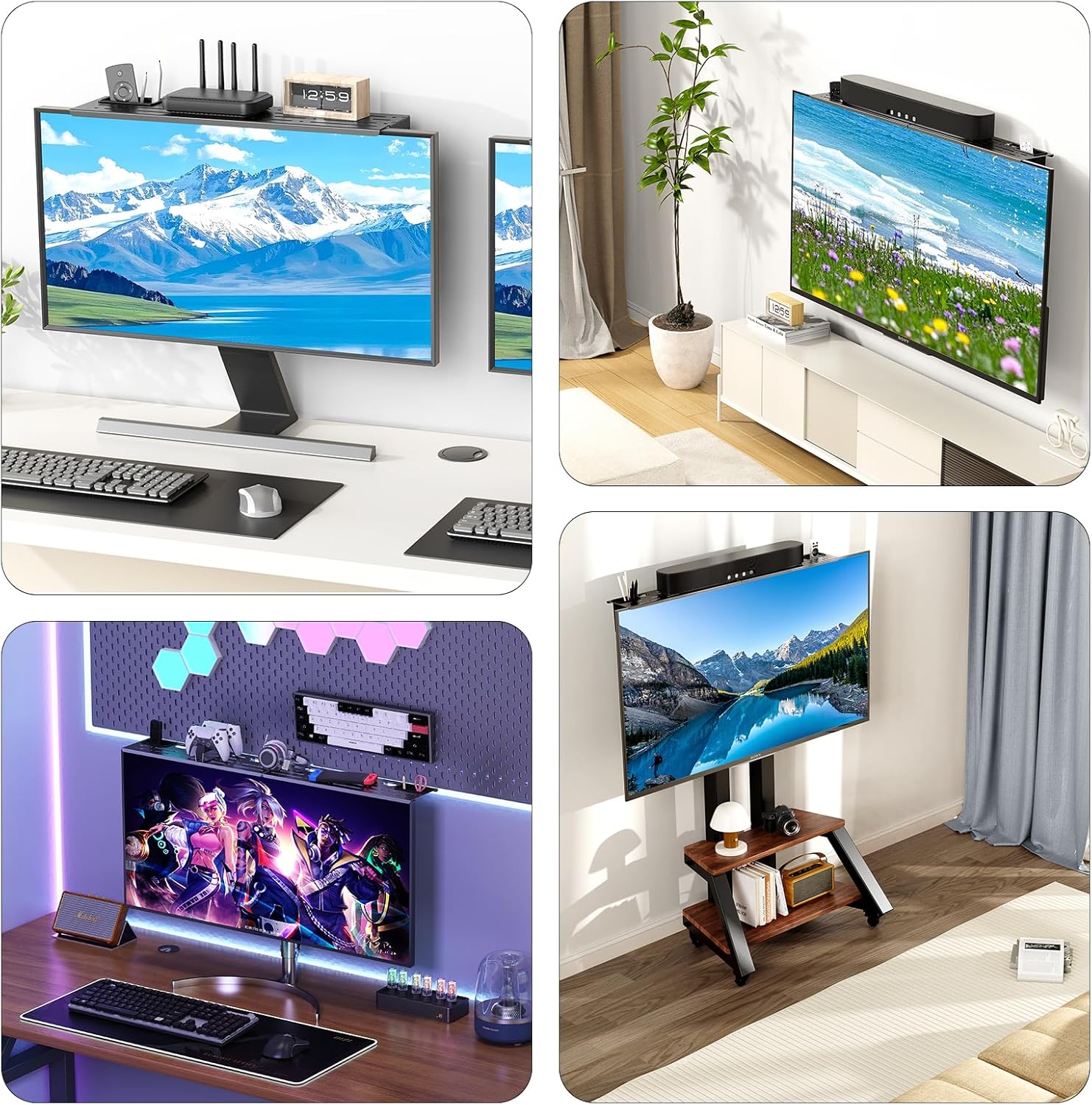 Universal Soundbar Mount with Storage – No-Drill TV Top Shelf for Samsung, Sony, LG, Bose – Fits Screens Up to 34.65", 15lb Capacity (Black)