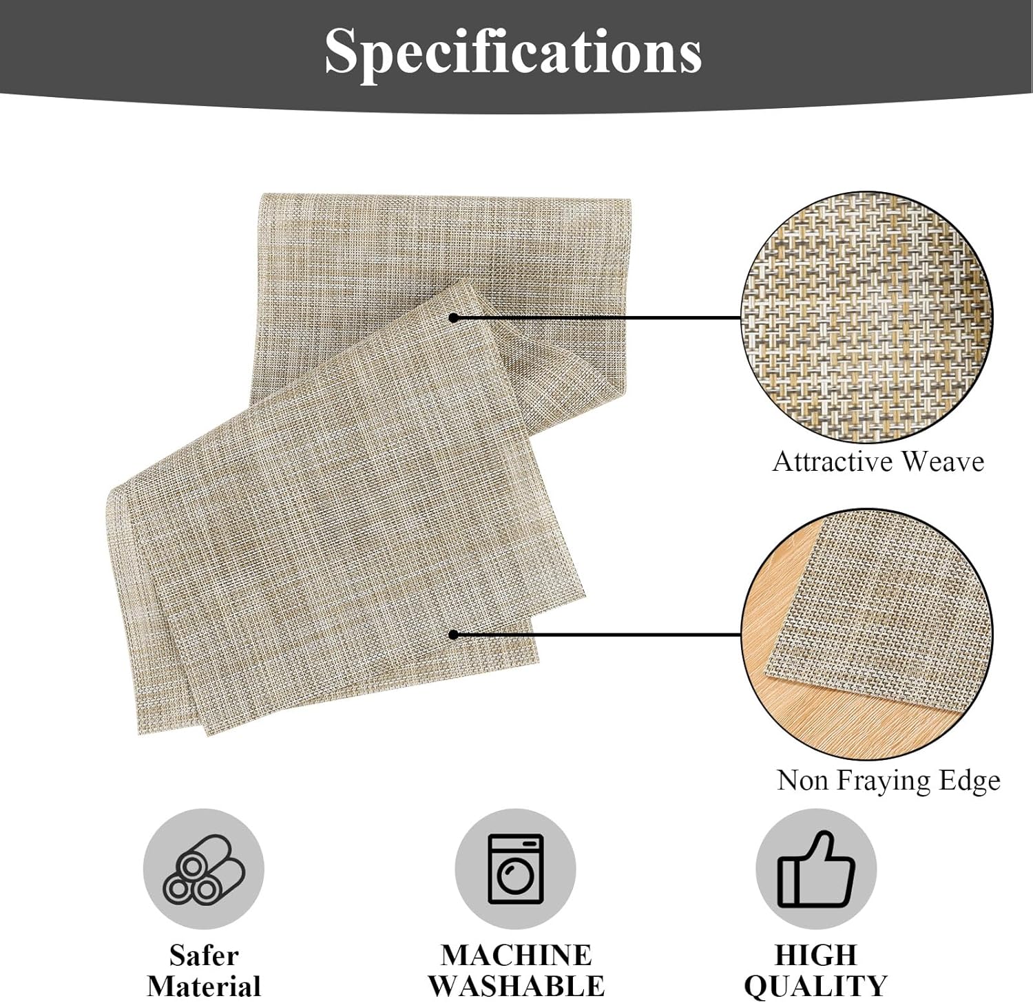 SHACOS Woven Vinyl Table Runner - 12 x 54 Inch Waterproof, Heat Resistant & Cuttable Indoor Outdoor Table Decor (Beige)