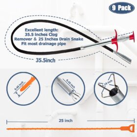 9-Piece Professional Drain Clog Remover Kit – 35.5in Heavy-Duty Auger, 6-Pack Hair Snakes & Cleaning Brushes for Sink, Toilet, and Bathtub