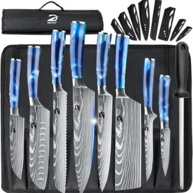 Dfito 9-Piece Professional Chef Knife Set with Roll Bag – High Carbon Stainless Steel Kitchen Cutlery, Red Pakkawood Handle, Dishwasher Safe & Portable